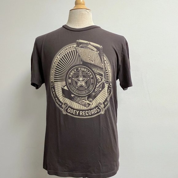OBEY Records gray graphic cotton short sleeve t shirt L